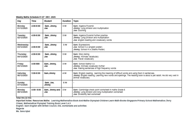 Weekly Maths and English Schedule 2025 | PDF | Human Communication ...