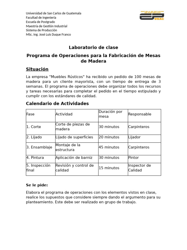 Laboratorio de Clase Programa de Operaciones | PDF