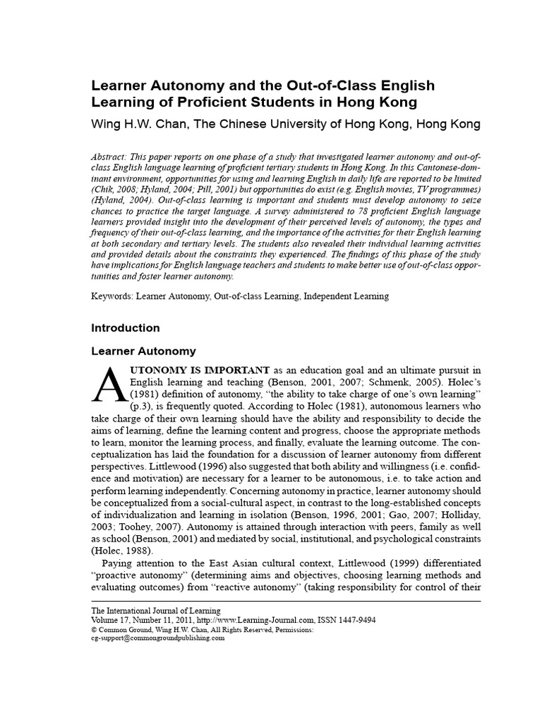 Learner Autonomy in Hong Kong English Education | PDF | Learning | Autonomy