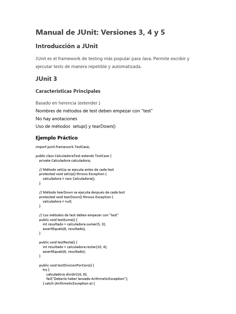 Guía Completa de JUnit: Versiones 3 a 5 | PDF | Programación orientada ...