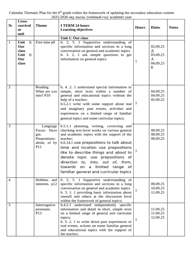 6th Grade Thematic Calendar Plan 2025-2026 | PDF | Reading ...