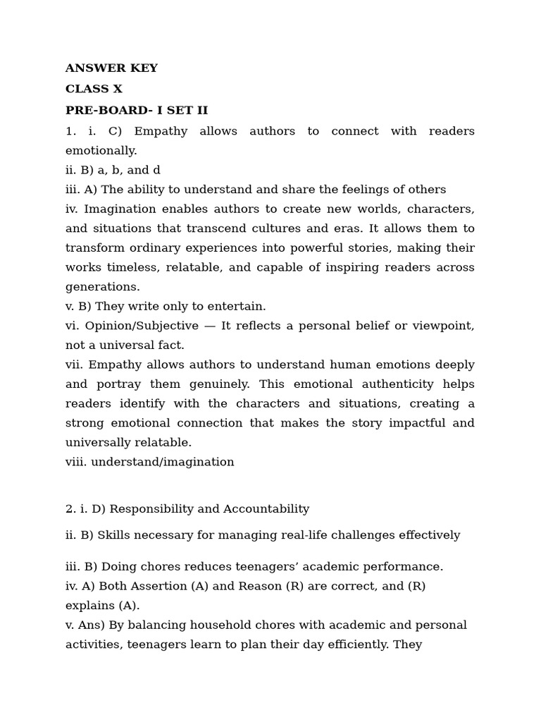 Class X Pre-Board I Answer Key | PDF | Empathy | Adolescence