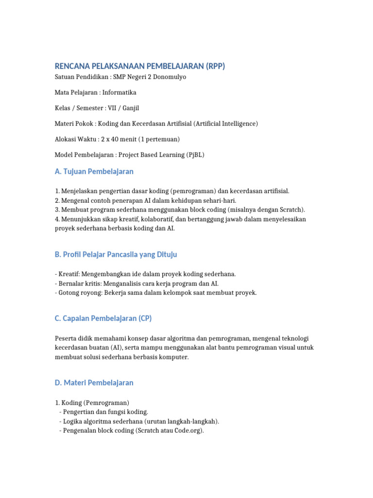 RPP Koding dan AI untuk SMP VII | PDF