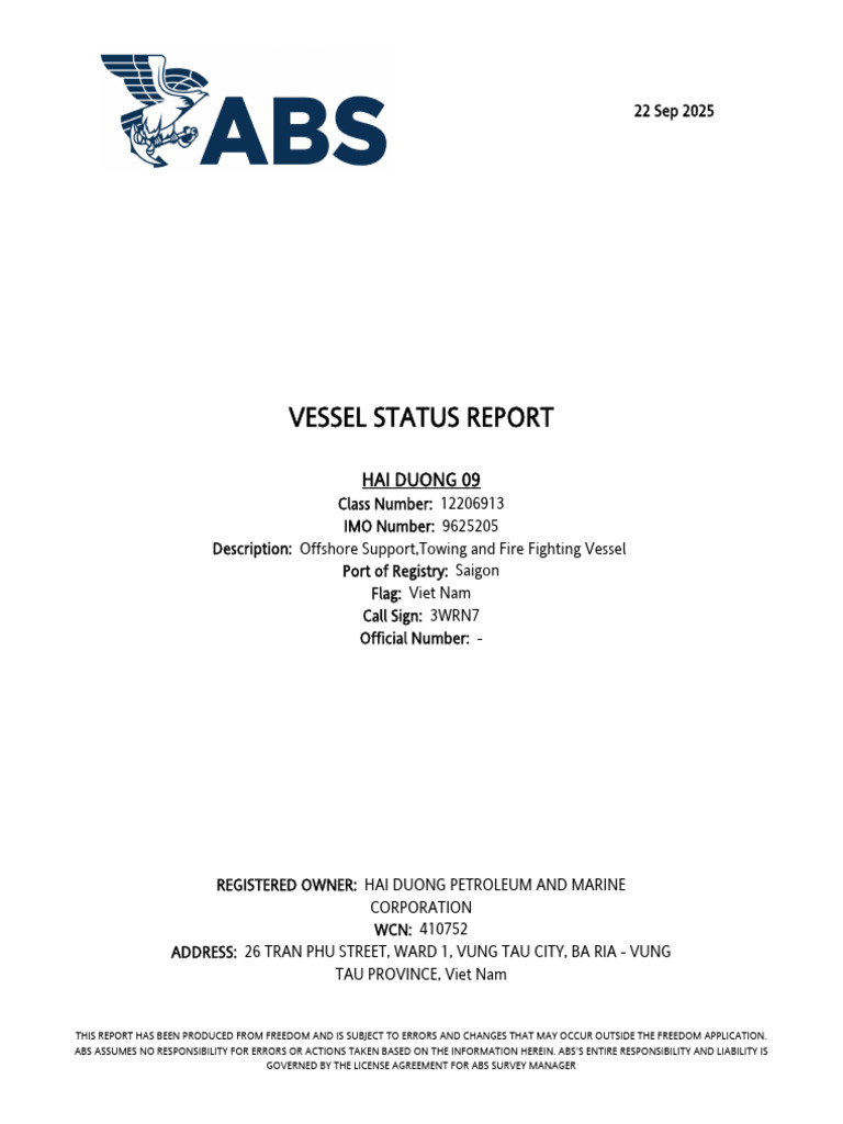 Hai Duong 09 Vessel Status Report | PDF | Tonnage | Ships