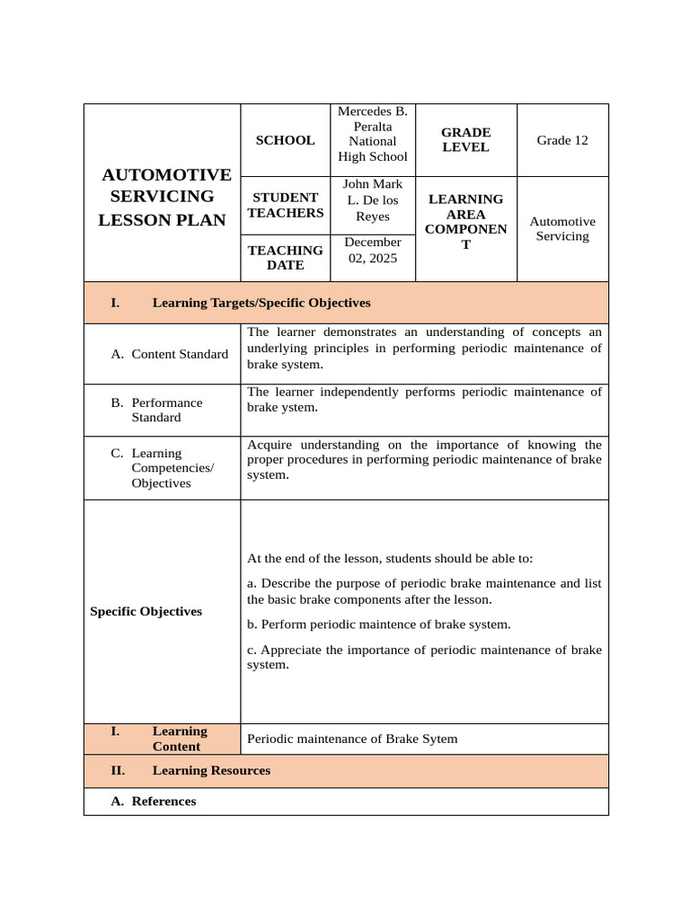 Brake System Maintenance Lesson Plan | PDF | Brake | Vehicles