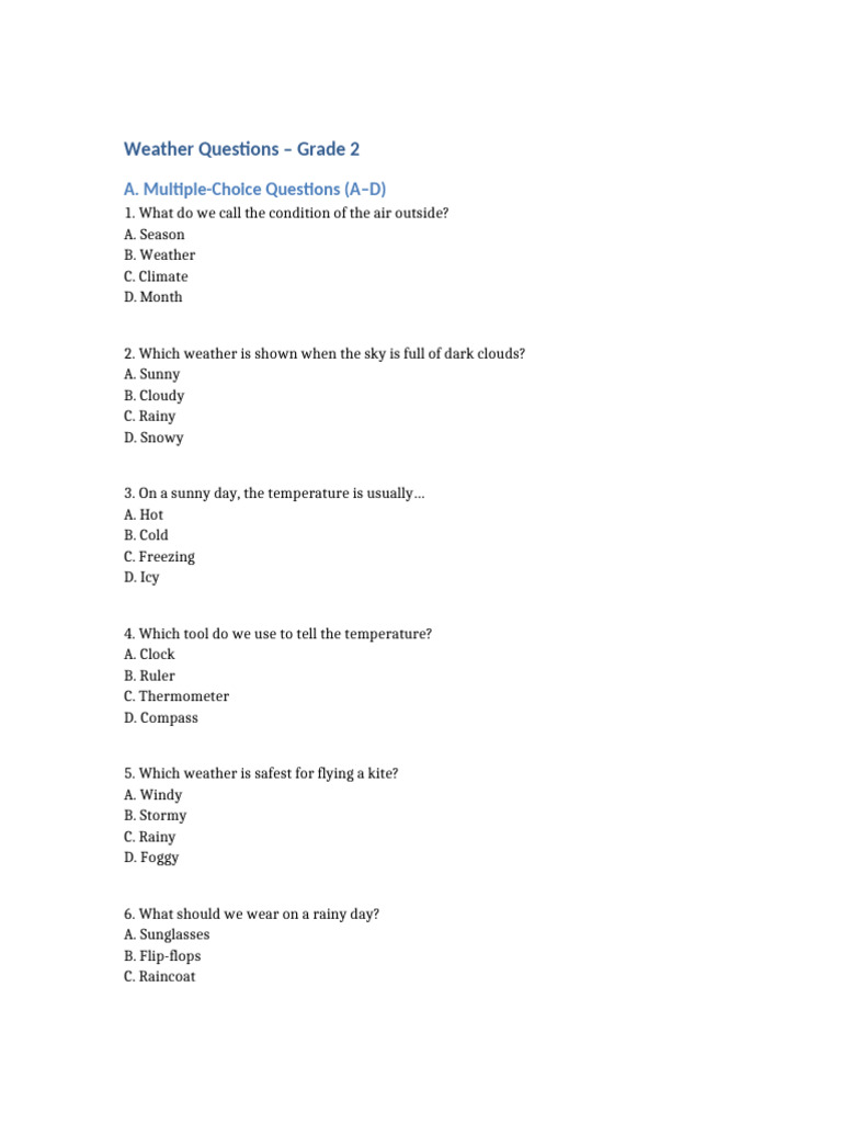 Grade 2 Weather Quiz Questions | PDF