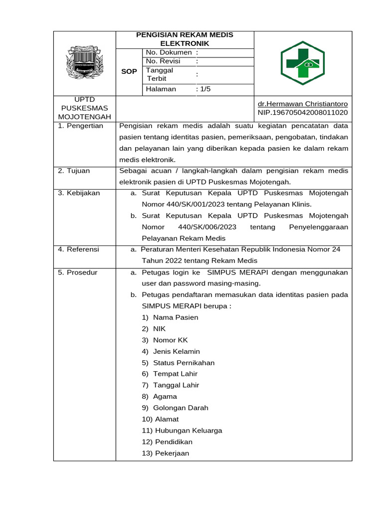 SOP Pengisian Rekam Medis Elektronik | PDF