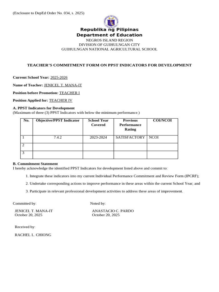 Teacher Commitment Form for PPST 2025 | PDF