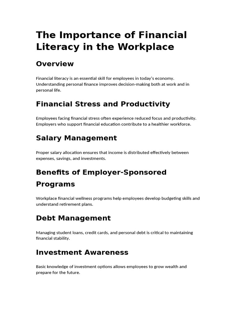 The Importance of Financial Literacy in The Workpl | PDF