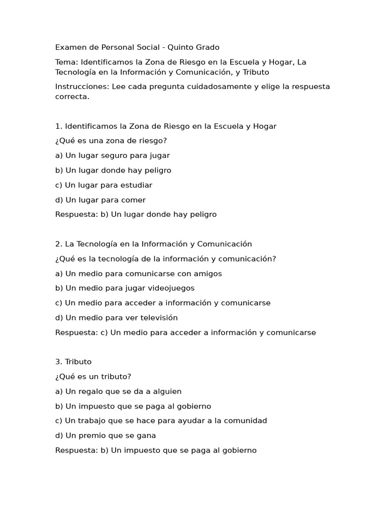 Examen Personal Social Quinto Grado | PDF