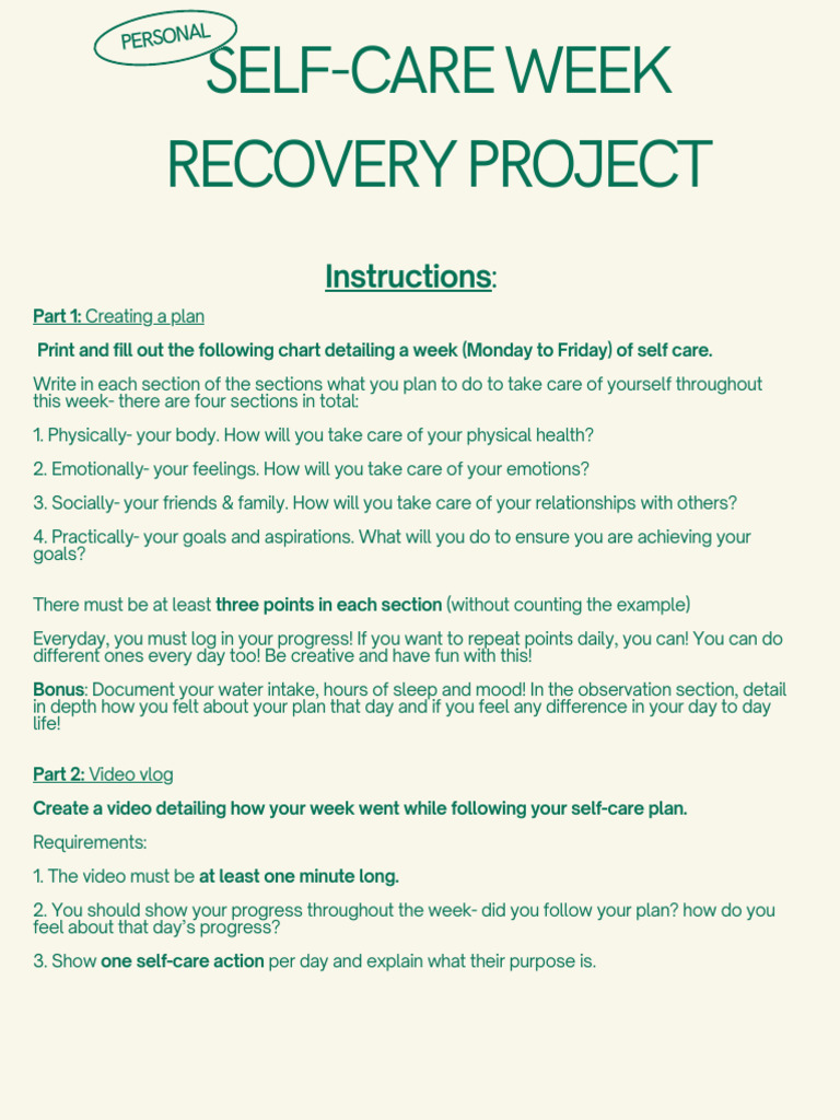 Self-Care Week Recovery Plan Guide | PDF | Mood (Psychology) | Mental ...