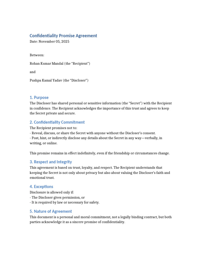 Confidentiality Promise Agreement Rohan Pushpa | PDF