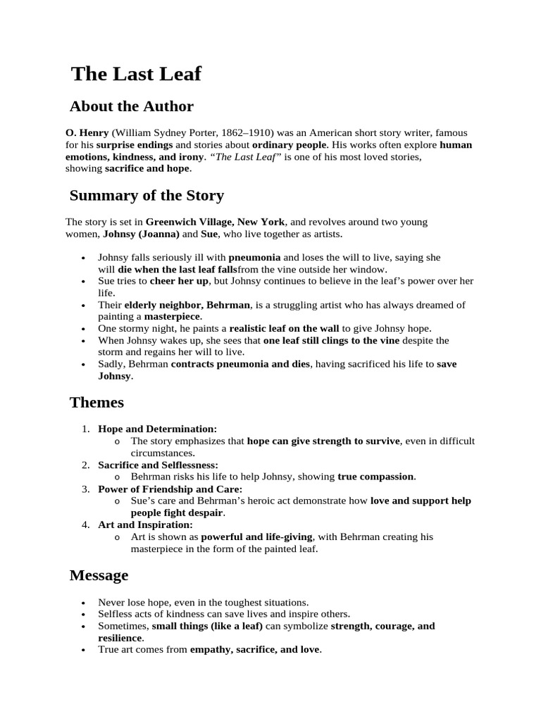 The Last Leaf Class 9 | PDF