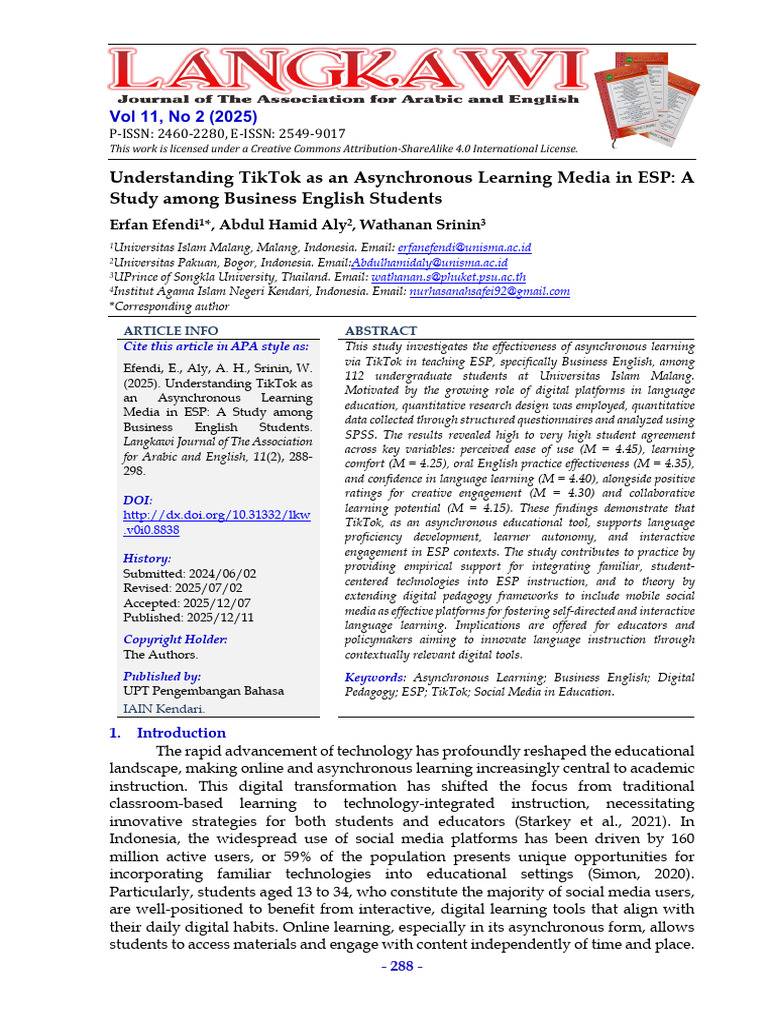 Understanding TikTok As An Asynchronous Learning Media in ESP: A Study ...