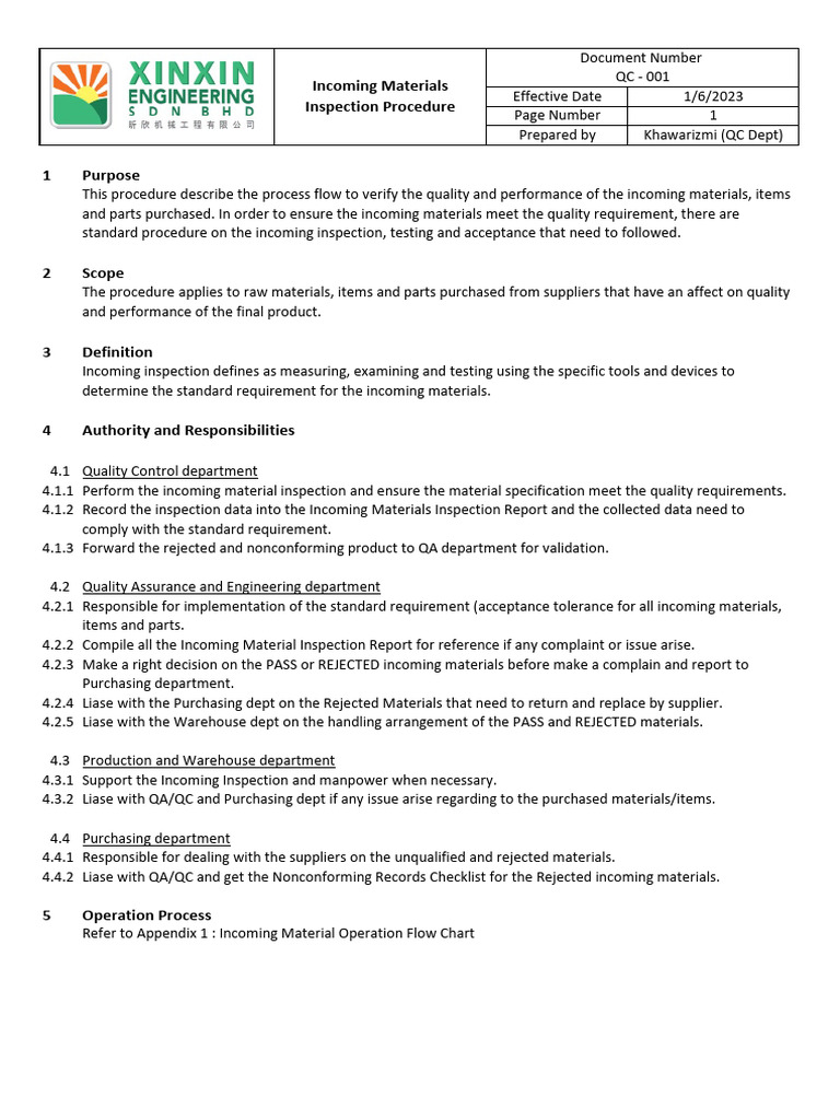 Incoming Materials Inspection Procedure | PDF | Quality Assurance | Quality