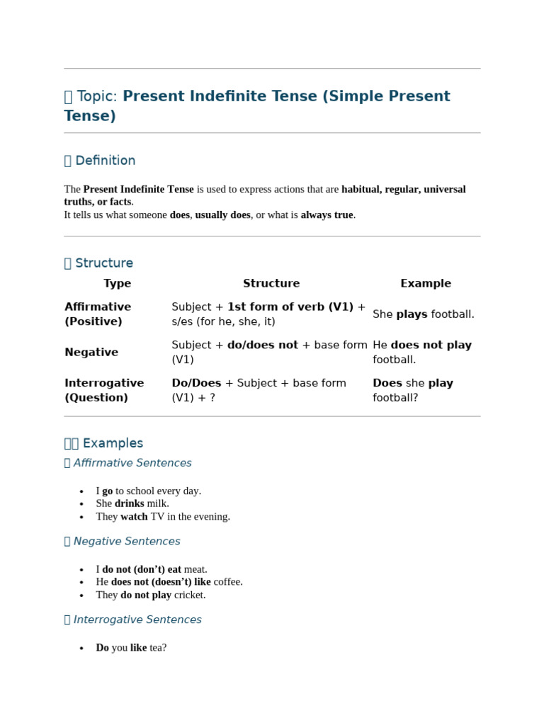 Topic:: Present Indefinite Tense (Simple Present Tense) | PDF | Subject ...