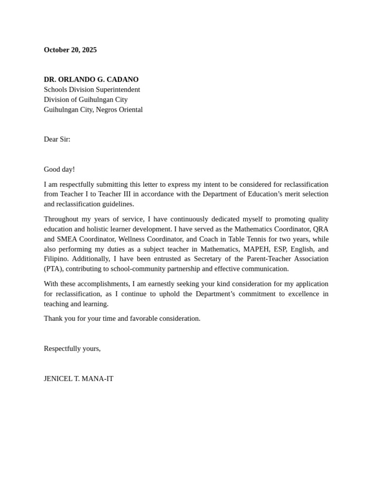 Teacher Reclassification Request Letter | PDF