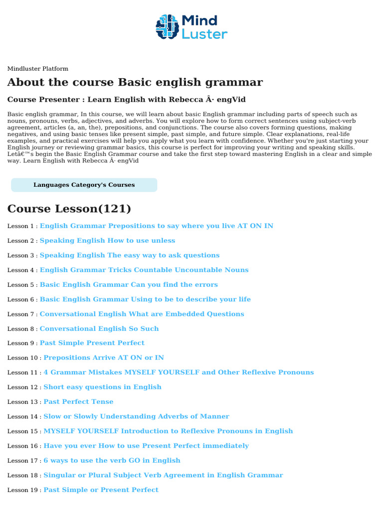 Basic English Grammar Course Overview | PDF | English Grammar | English ...