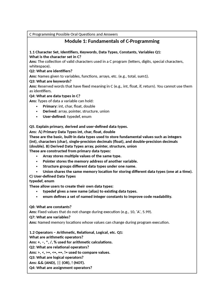 C Programming Qa For Oral | PDF | Pointer (Computer Programming ...