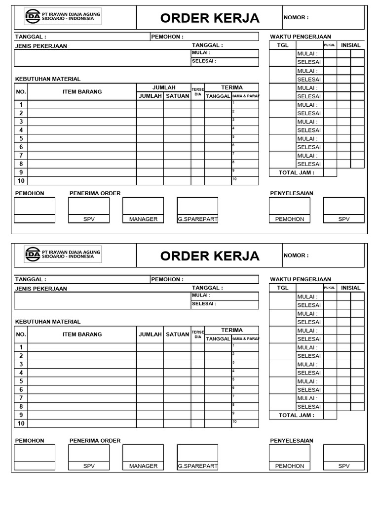 Format Order Kerja dan Material | PDF