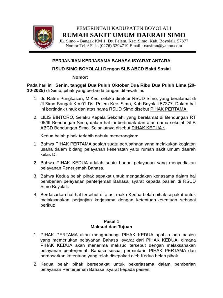 Kerjasama Penerjemah Isyarat RSUD Simo | PDF