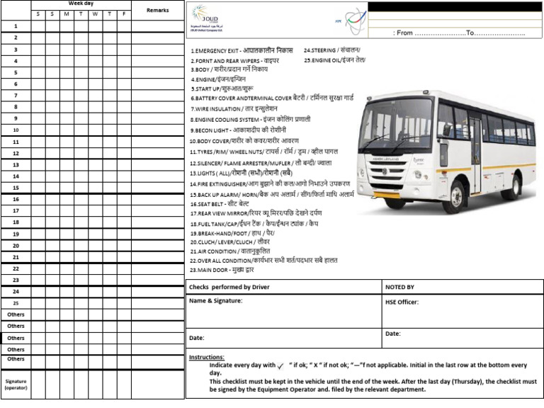 Daily Passenger Bus Checklist | PDF | Motor Vehicle | Vehicles