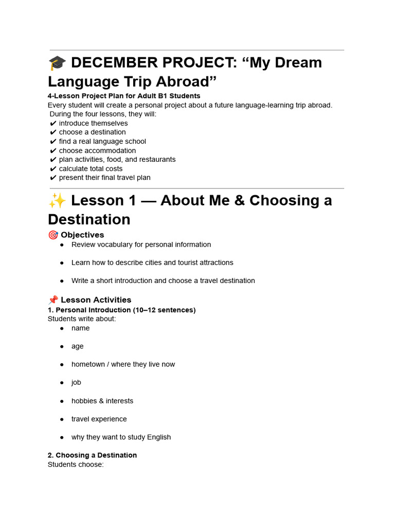 Language Trip Project Plan for B1 Students | PDF | Linguistics