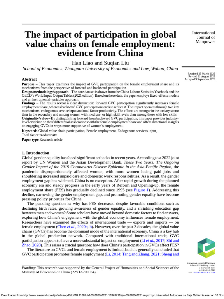 The Impact of Participation in Global Value Chains On Female Employment ...
