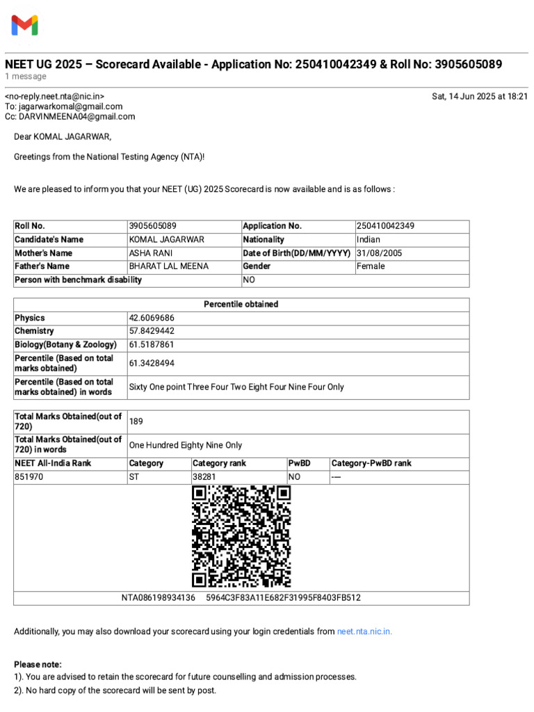 Neet Score Card | PDF | Higher Education | Tests