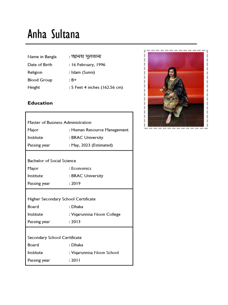 Anha Sultana: Profile & Education Details | PDF | Bangladesh