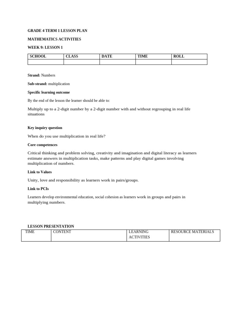 Grade 4 Math Lesson Plans: Multiplication | PDF | Learning | Lesson Plan