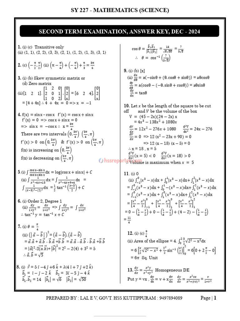 Mathematics Exam Answer Key 2024 | PDF | Linear Algebra | Algebra