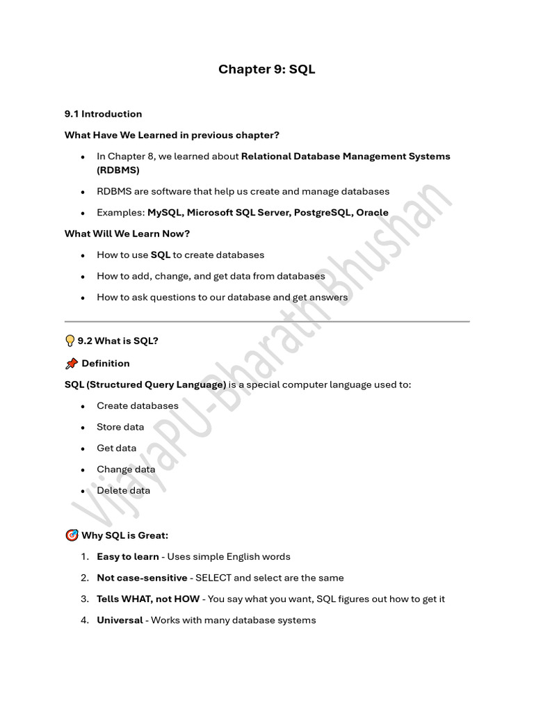 2nd Pu Chapter 9 SQL Notes Post | PDF | Table (Database) | Sql