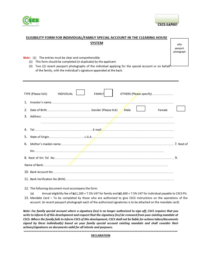 CSCS Special Account Eligibility Form | PDF
