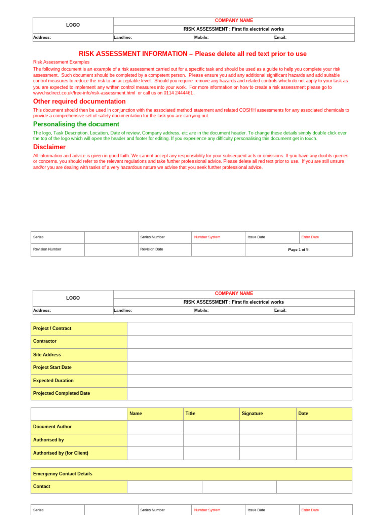 First Fix Electrical Works Risk Assessment | PDF | Risk | Risk Assessment