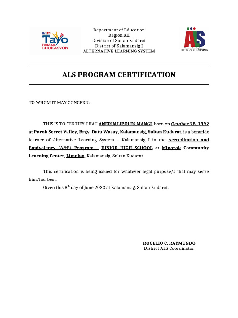 ALS Program Certification for Anerin Lipoles Mangi | PDF