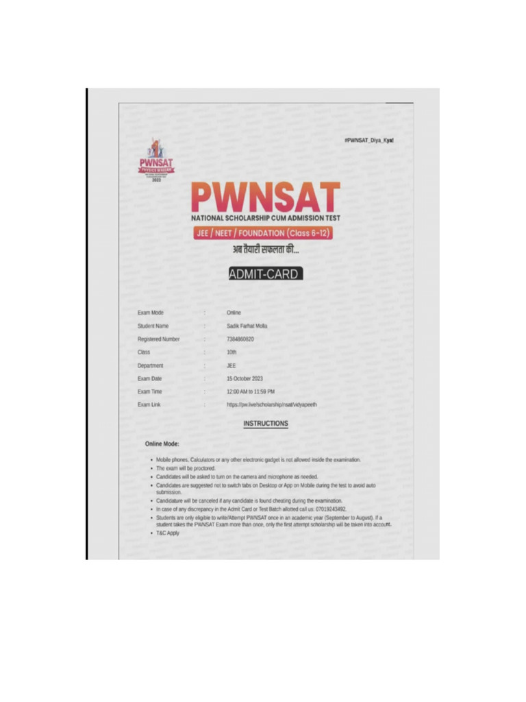 Pwnsat Admit Card | PDF