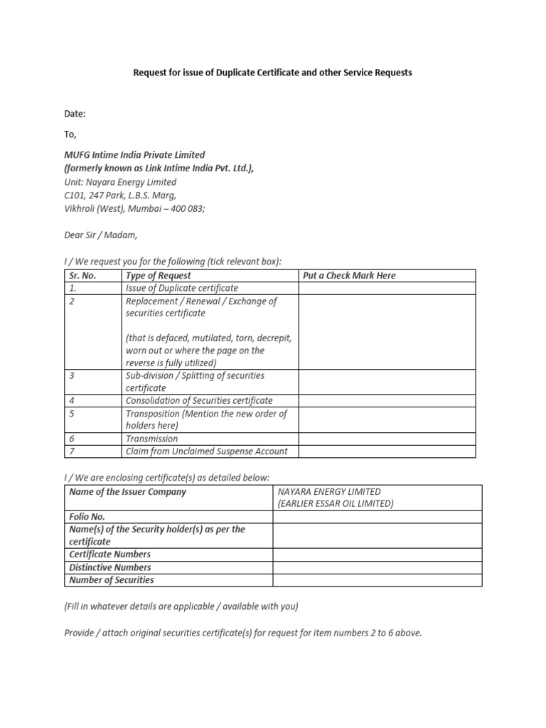 Duplicate Certificate Request Form | PDF