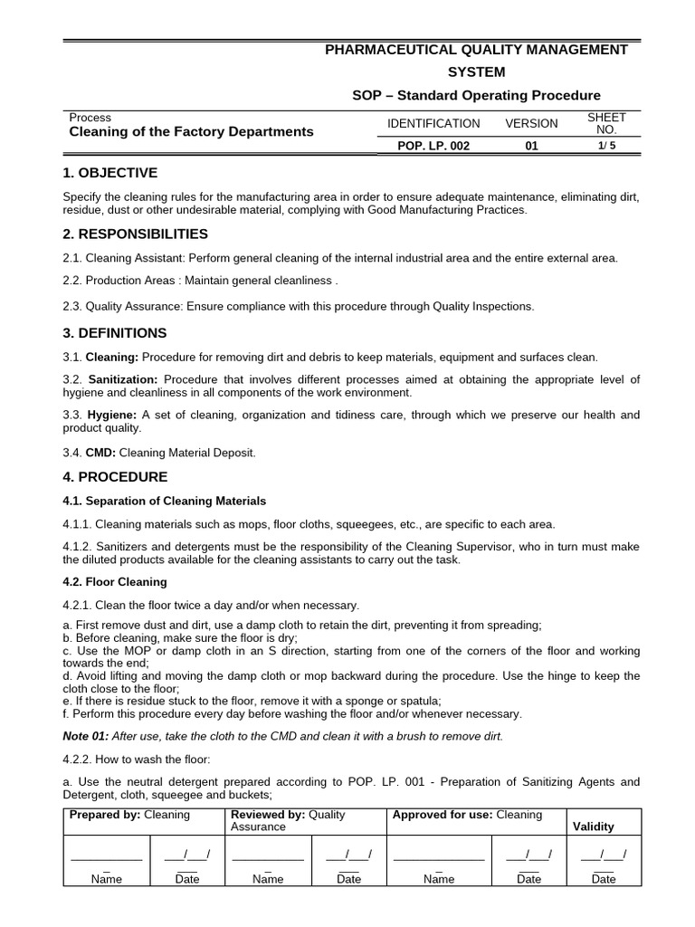 Factory Cleaning SOP for Pharmaceuticals | PDF | Disinfectant | Hygiene