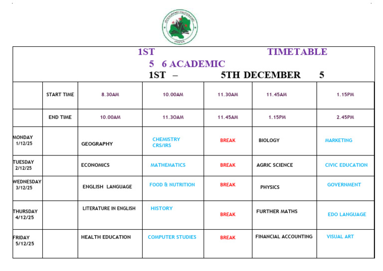 2025/26 Term Exam Timetable | PDF