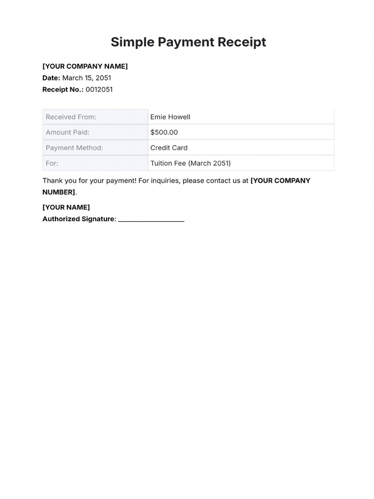 Simple Payment Receipt Template | PDF