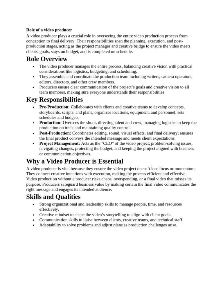 Essential Role of a Video Producer | PDF | Communication | Project ...