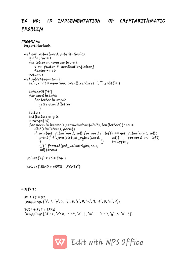 Implementation of Cryptarithmatic Problem | PDF