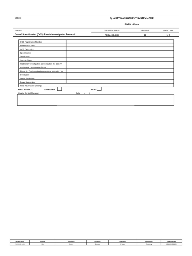 OOS Investigation Protocol Form | PDF