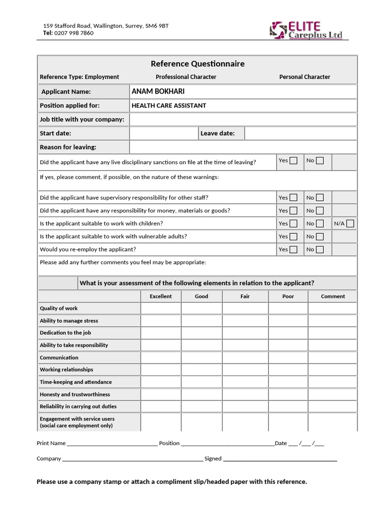 Employment Reference for Health Care Assistant | PDF