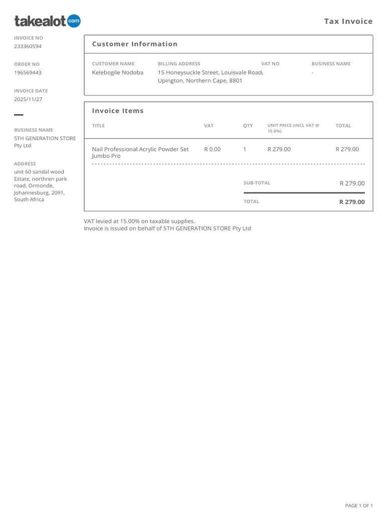Tax Invoice for 5th Generation Store | PDF