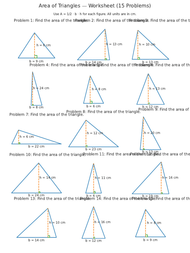 Triangle Area Worksheet: 15 Problems | PDF | Area | Quantity