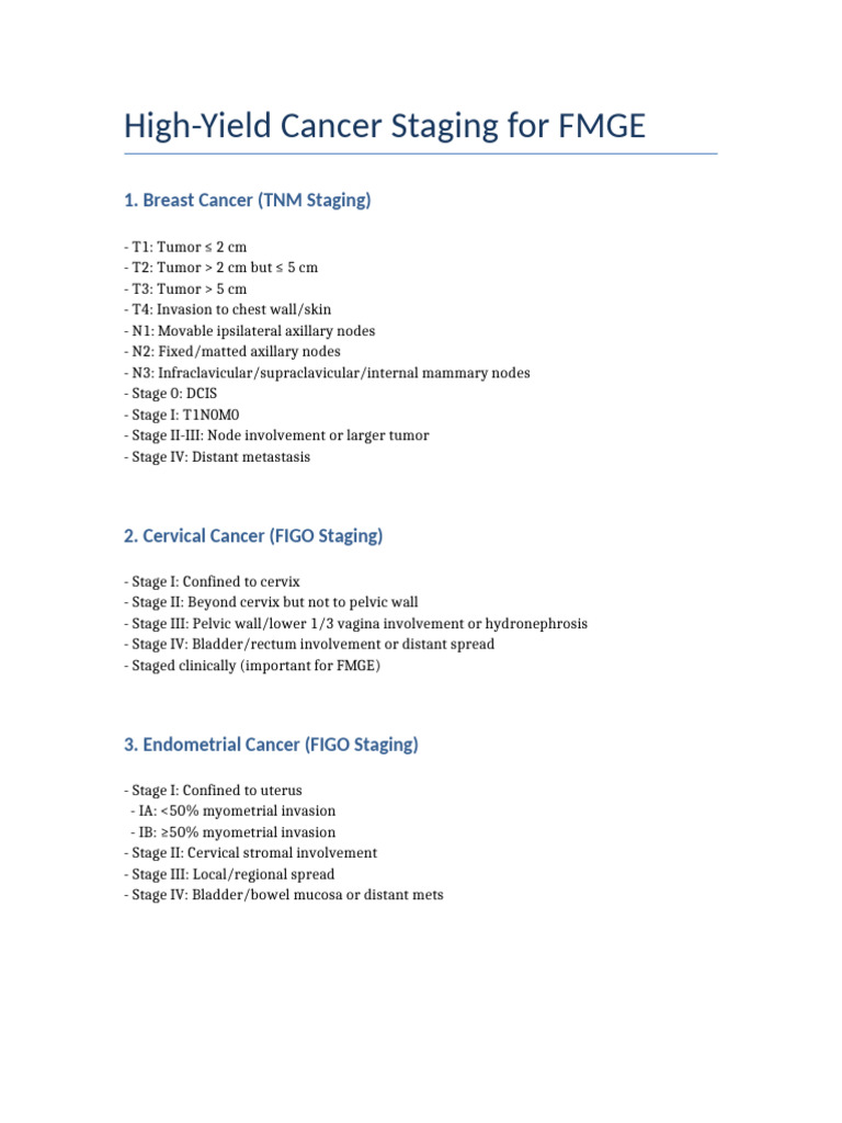 High-Yield Cancer Staging Guide for FMGE | PDF
