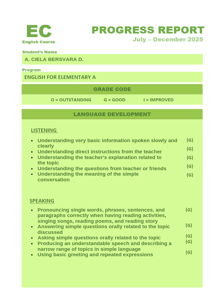 English Course Progress Report 2025 | PDF | English Language | Language ...