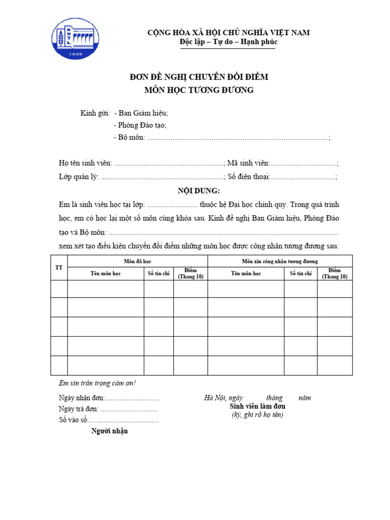 MauDon Chuyen Doi Diem MH Tuong Duong | PDF